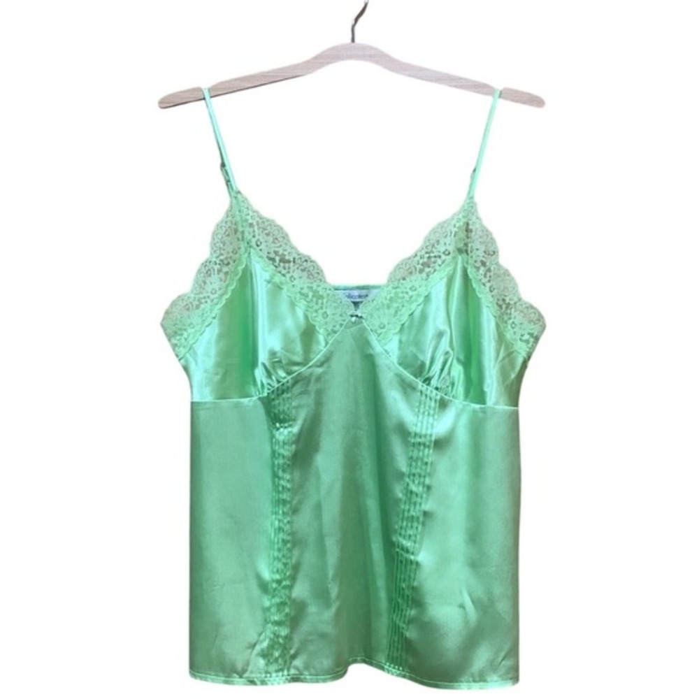 Lace Camisole Tank Sleeveless Babydoll Satin Y2K Green Lingerie Top Size L